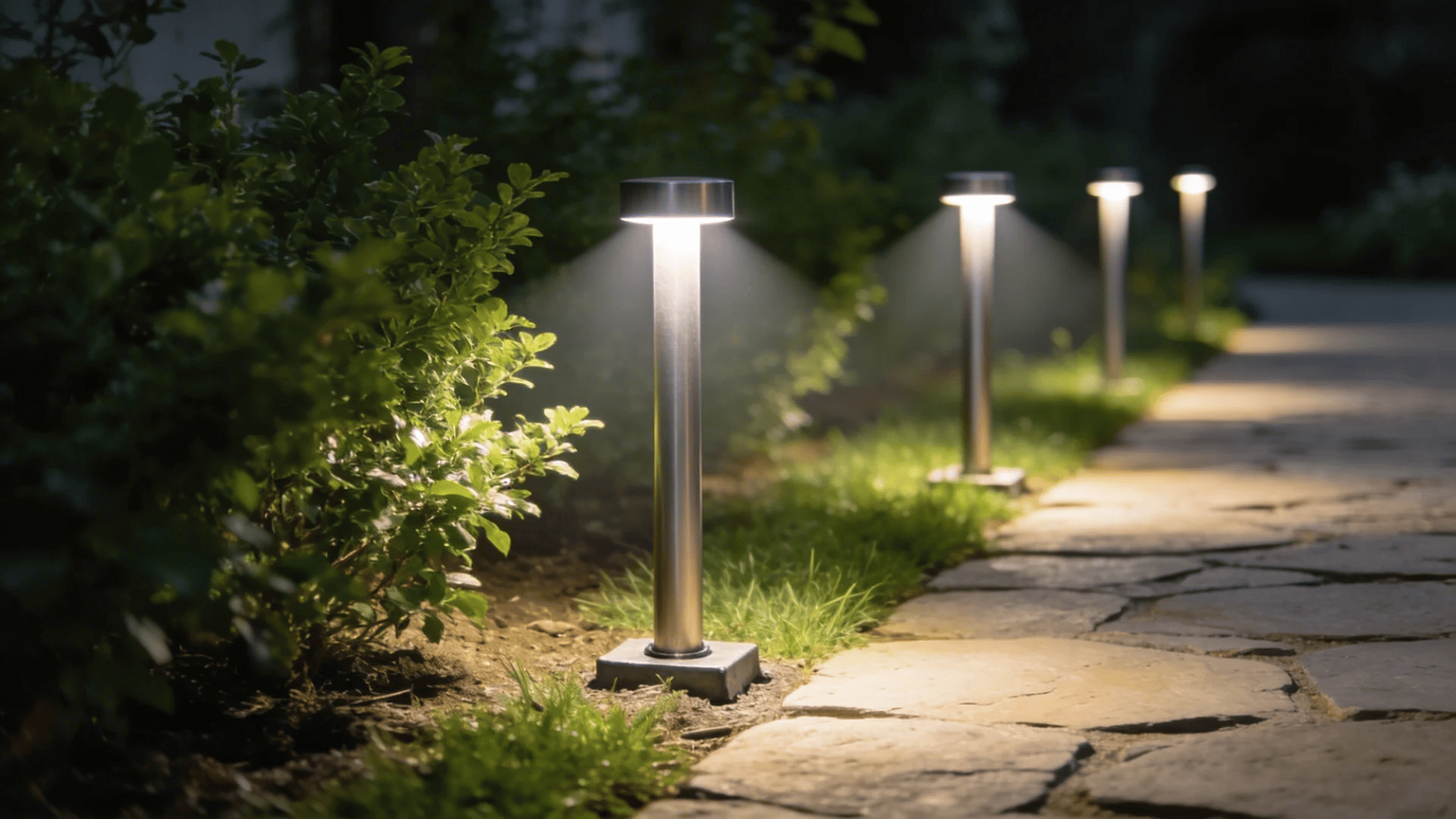 modern pathway lights along garden edge lighting plants and stone walkway at night