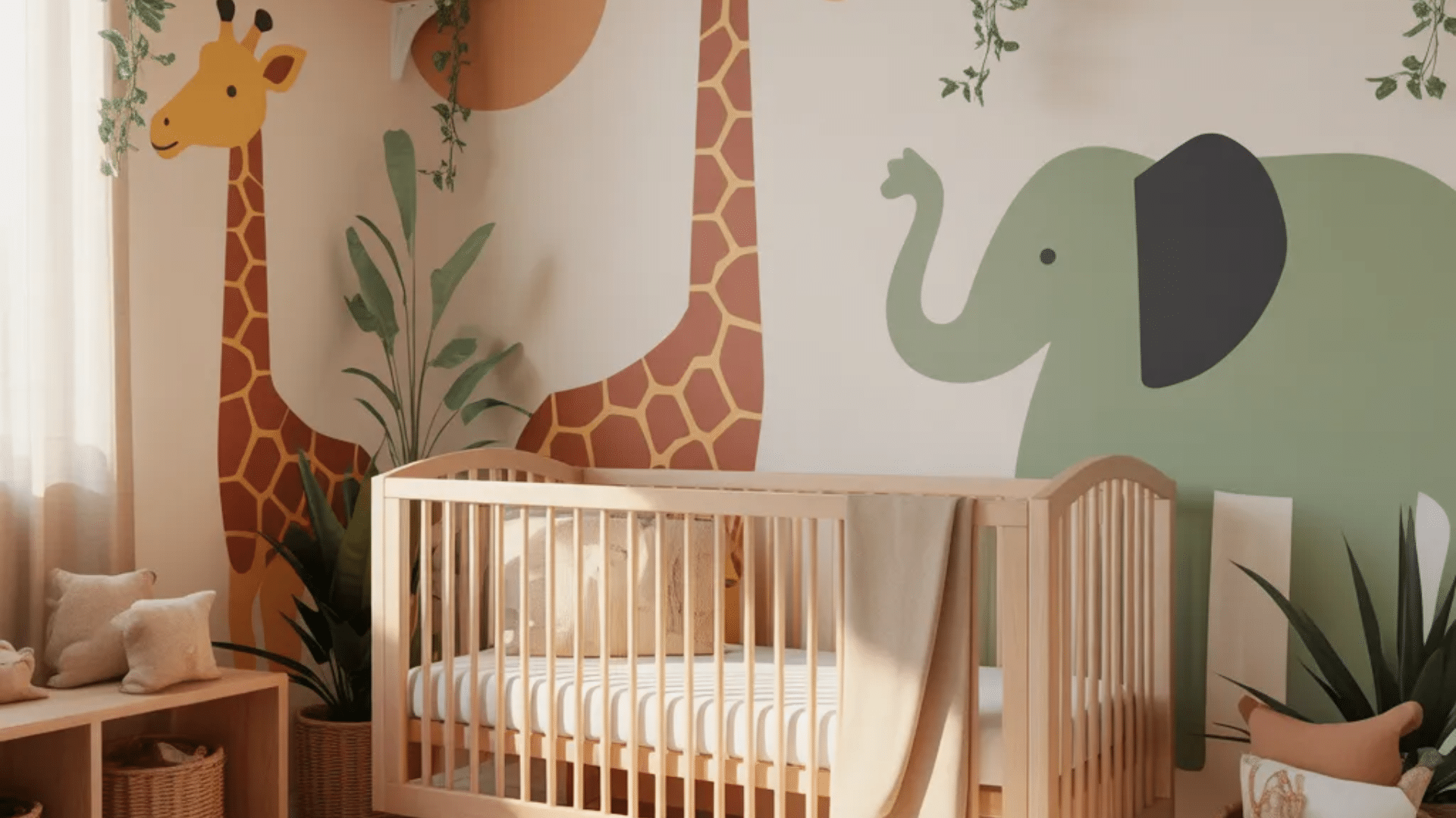 modern safari nursery ideas with giraffe and elephant wall mural wooden crib
