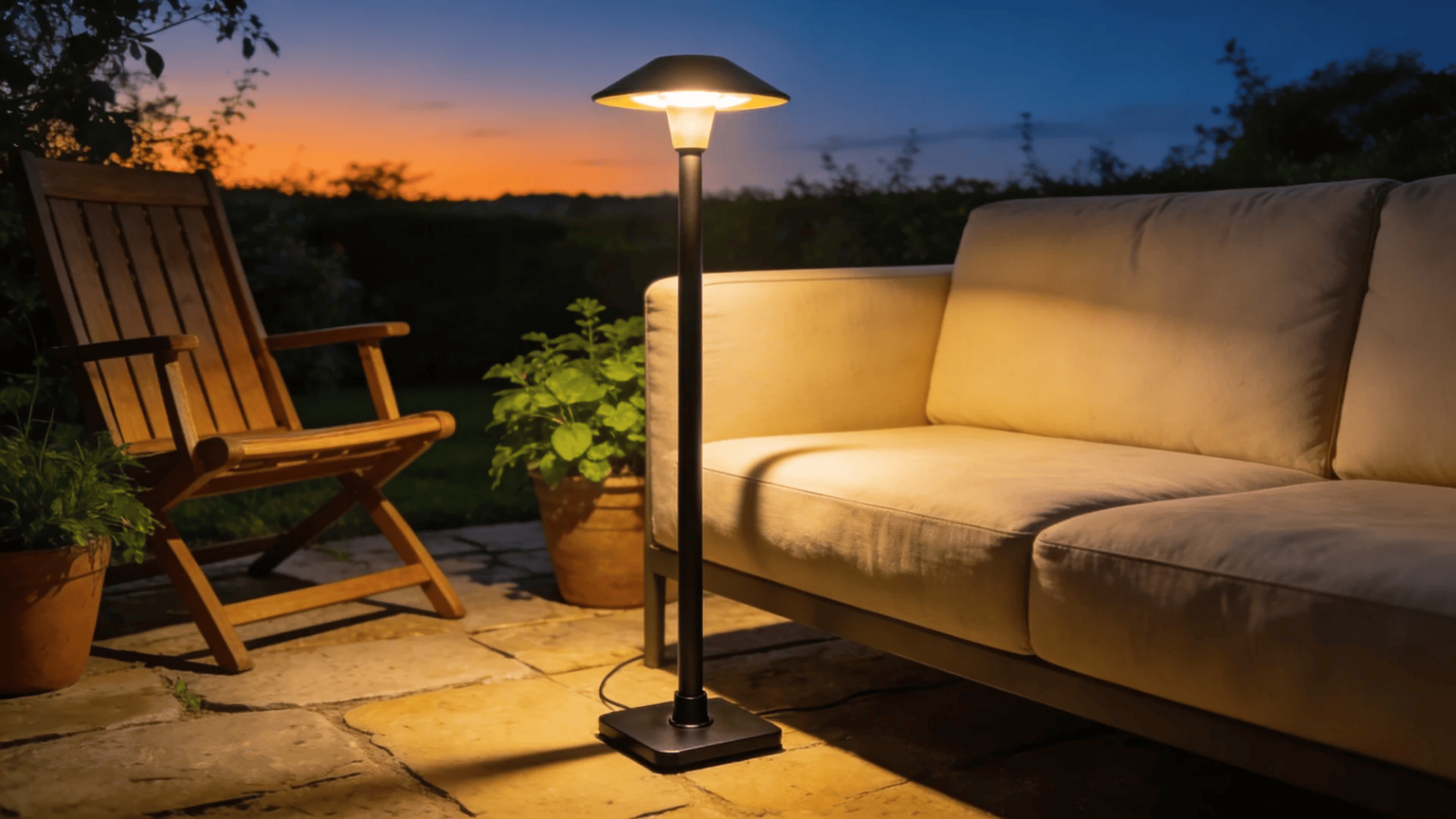modern standing outdoor lamp lighting cozy patio with sofa and chair during sunset