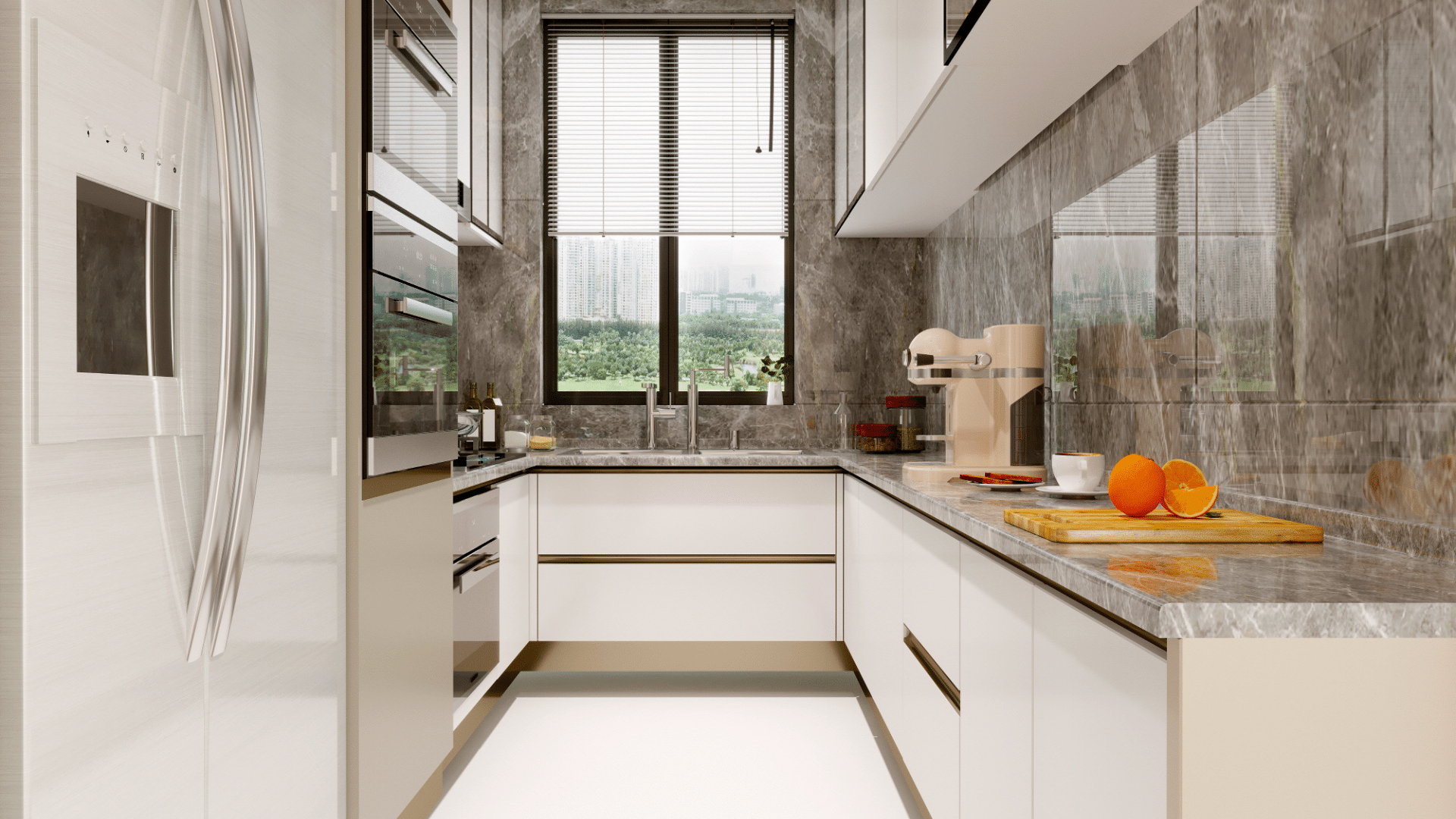 modern white galley kitchen with marble backsplash and window view