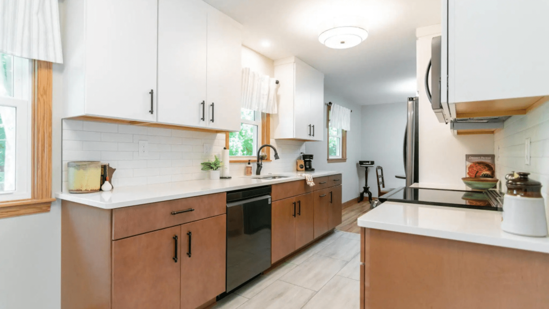 modern wood and white galley two tone kitchen designs for narrow space