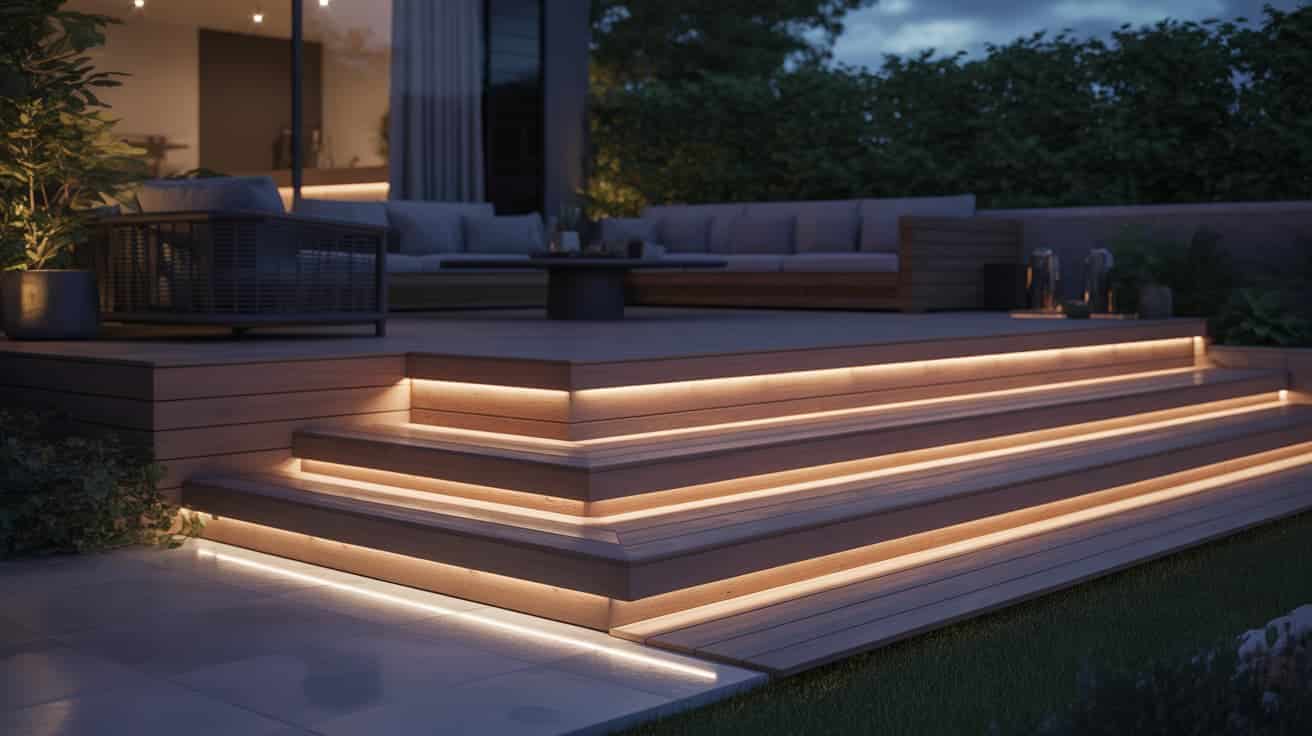 modern wooden deck patio with built in led step lighting and lounge seating creating stylish outdoor patio ideas and patio decor ideas