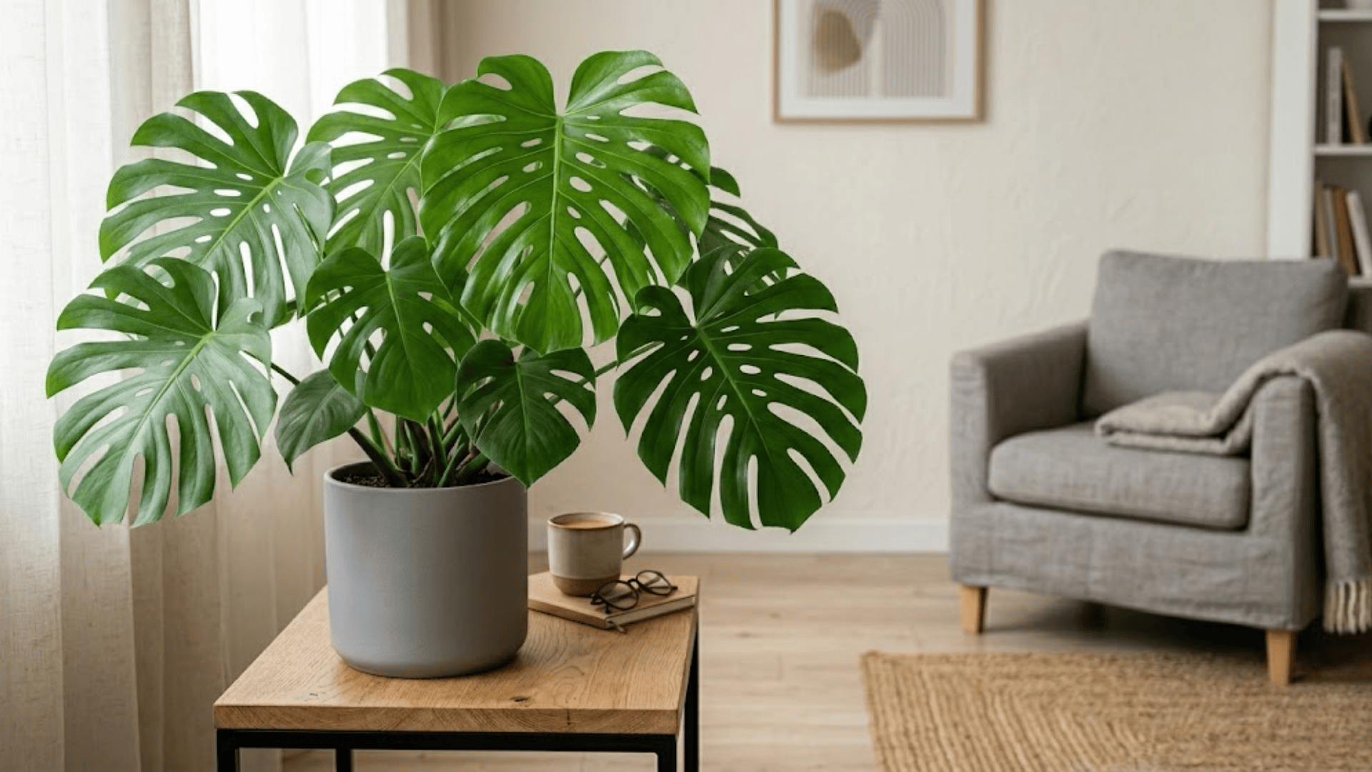 monstera plant with large split leaves on table showing popular house plants in stylish home setting