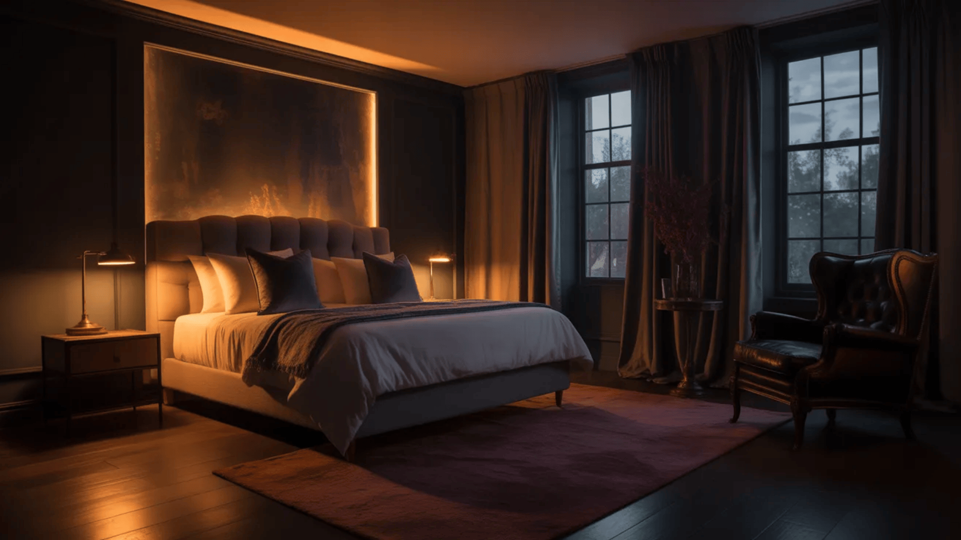 moody modern bedroom with glowing wall panel upholstered bed dark curtains and accent chair showing dramatic luxury spare bedroom ideas for guests
