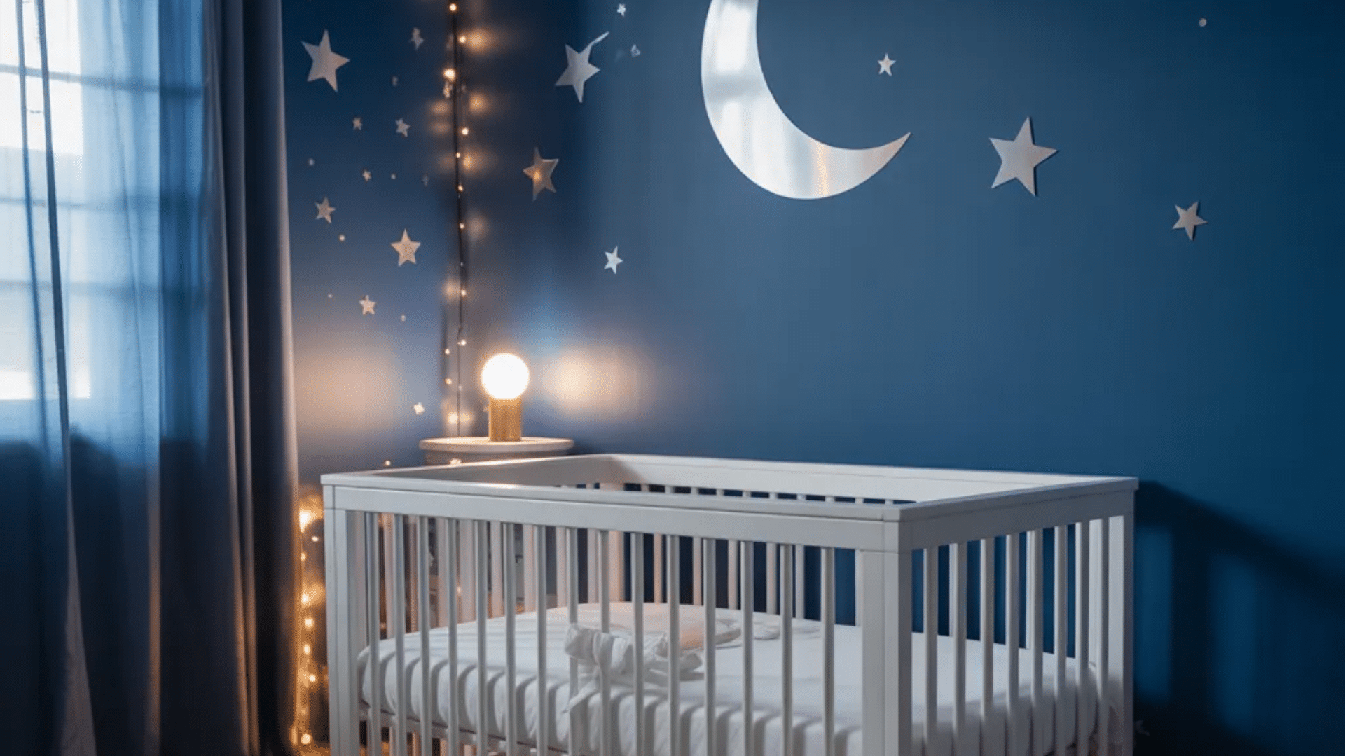 moody starry sky nursery ideas with moon and stars wall decor cozy crib