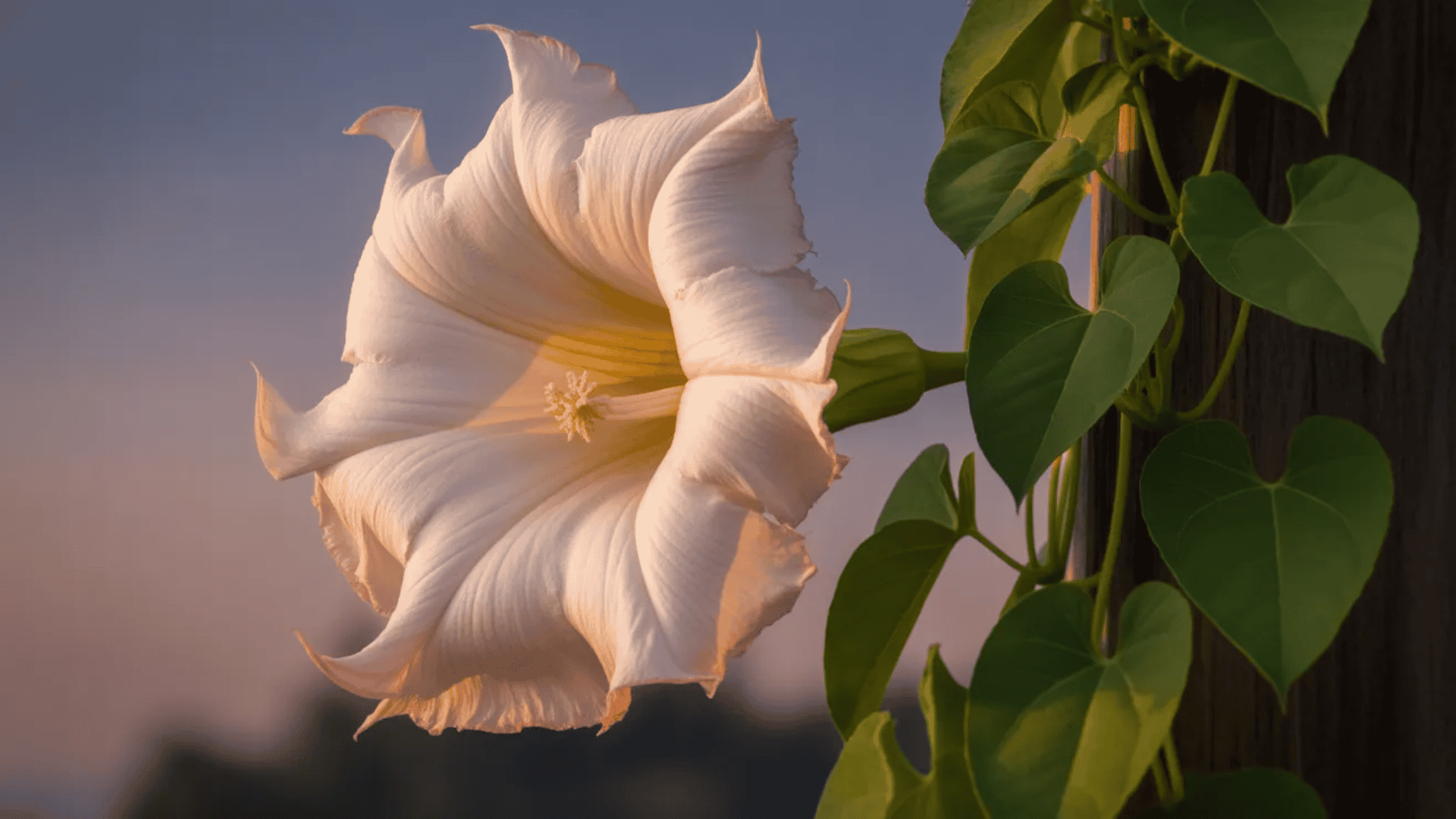 moonflower flowers blooming at night with white trumpet-shaped petals