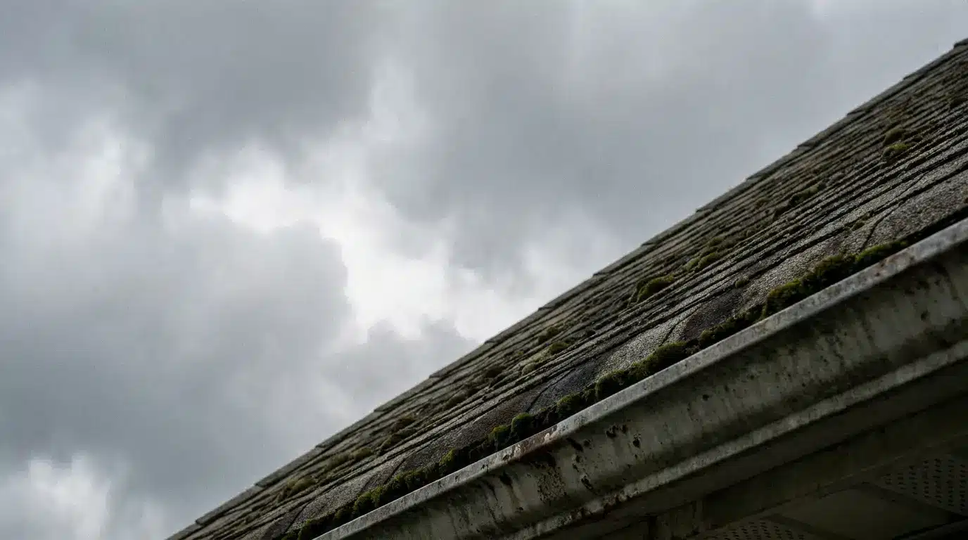 A moss-covered shingle roof under overcast sky with rusty gutter visible