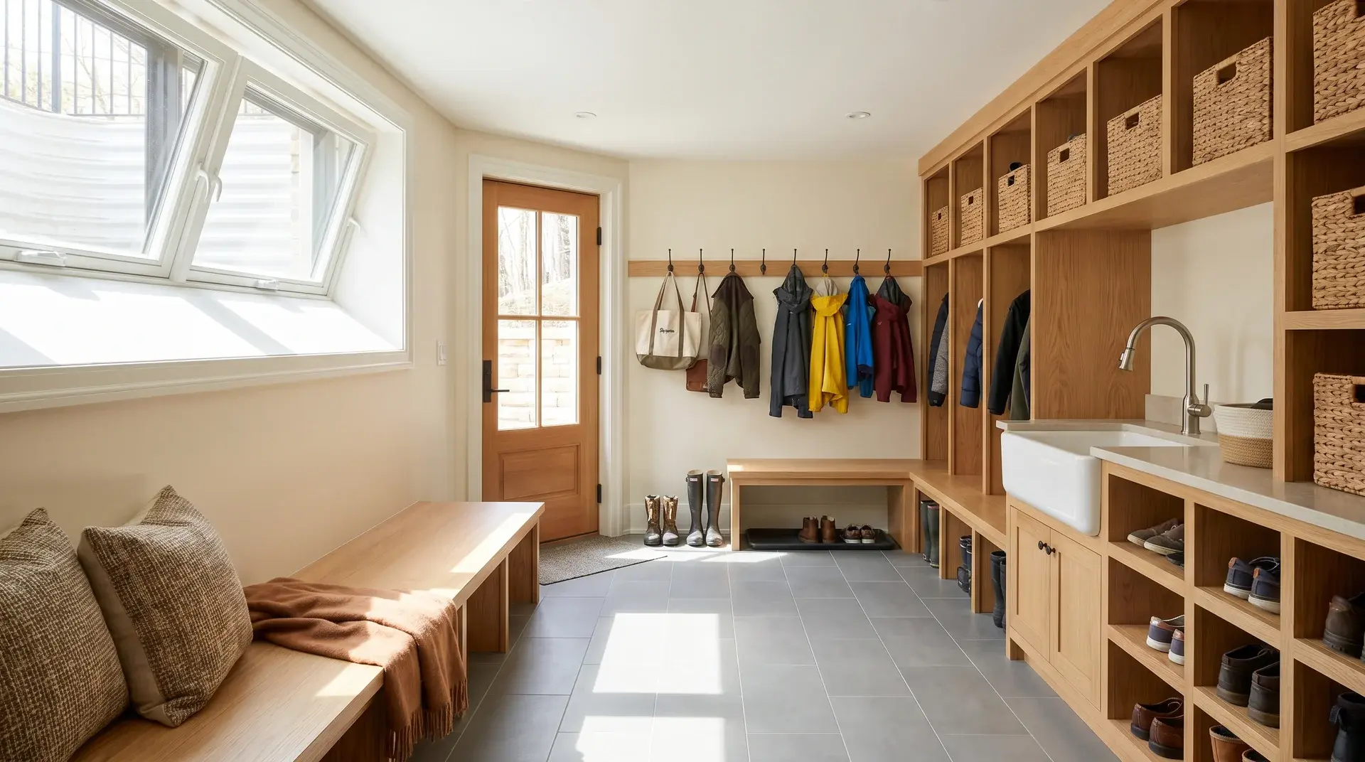 Daylight basement mudroom with built-in storage, utility sink, outdoor entry door, and natural light through large windows.