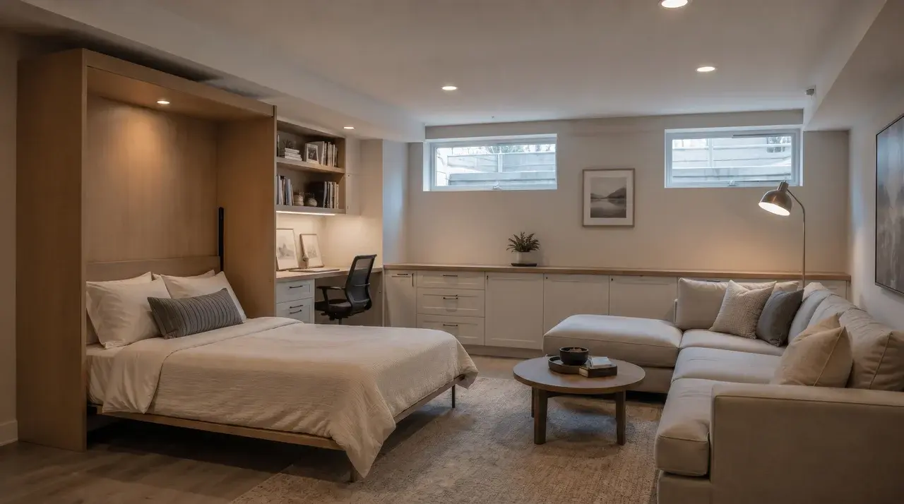Basement guest room with Murphy bed and elevated windows