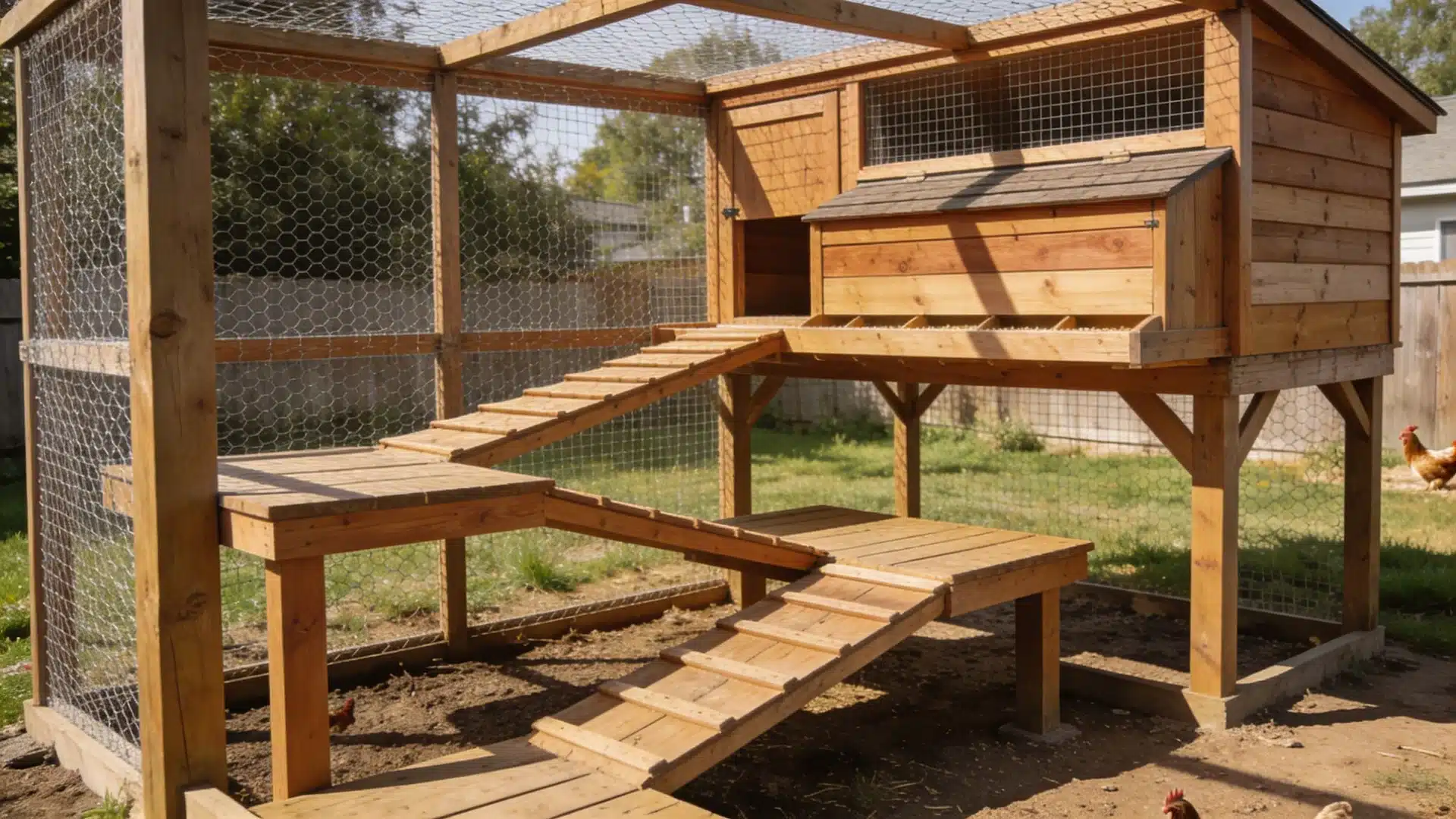 multi level chicken run with wooden platforms and ramps elevated coop wire mesh enclosure backyard setting in sunlight