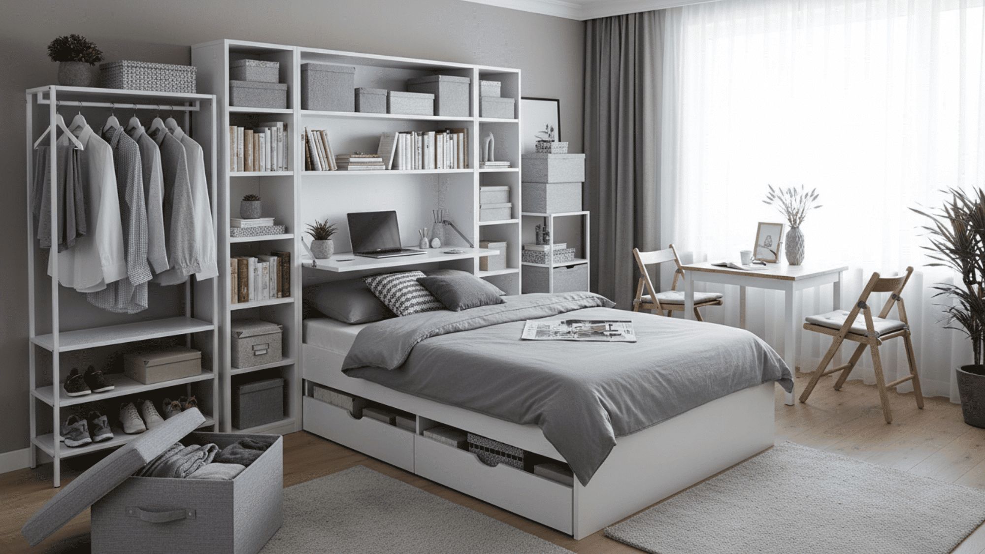 multi use furniture with storage bed shelves and desk for simple bedroom organization ideas