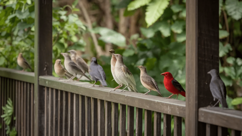 multiple birds sitting closely along porch railing
