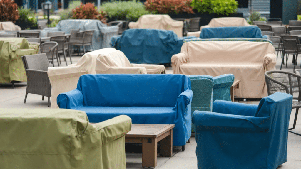 multiple outdoor sofas covered with colorful protective covers
