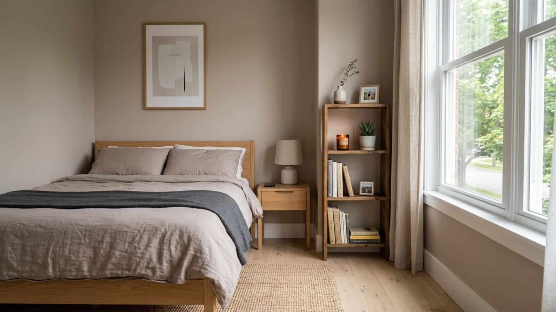 narrow shelf between bed and window with taupe bedding soft light minimal pillows smart bedroom layout idea