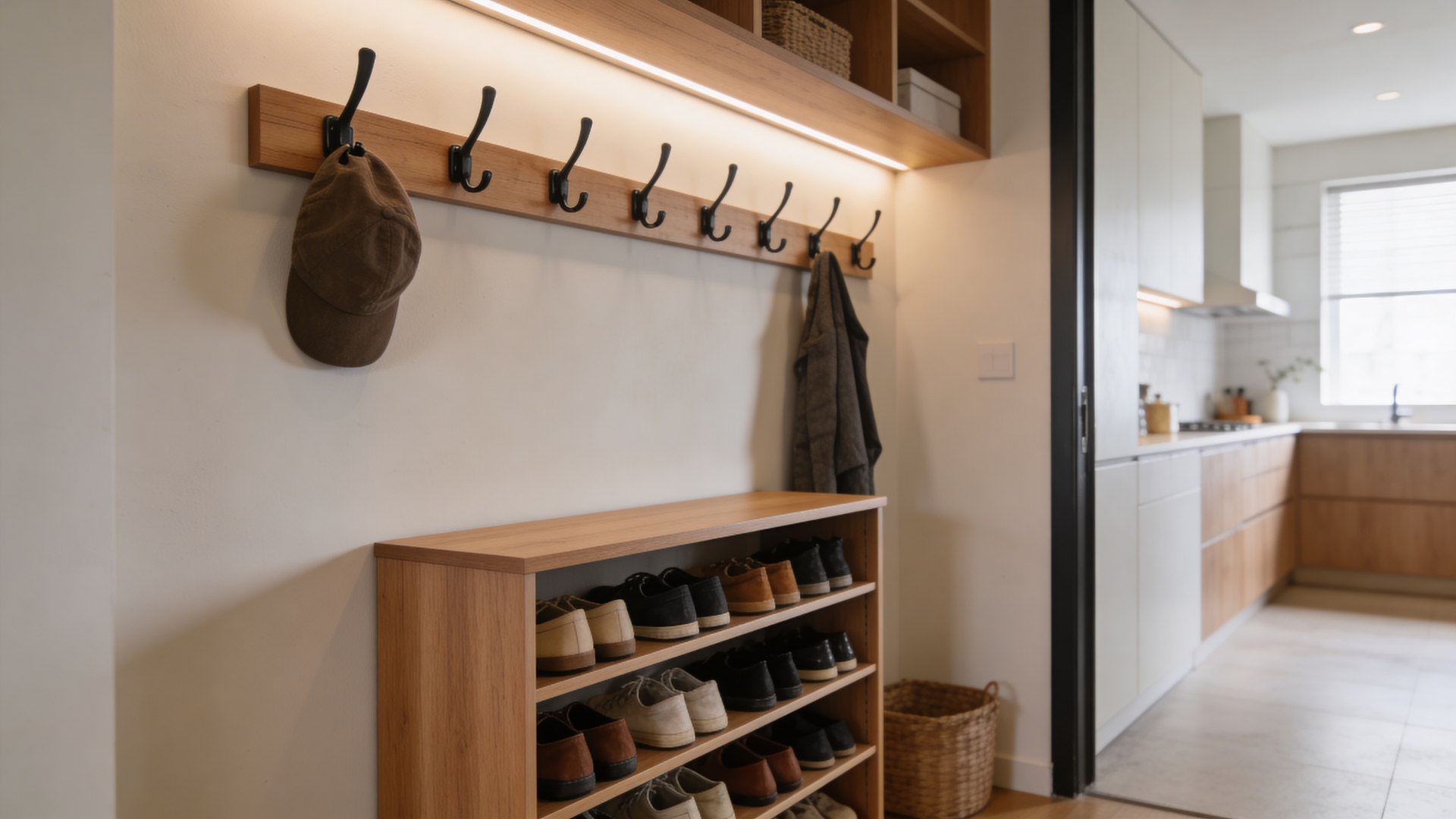 narrow shoe cabinet with wall hooks for coats and hats