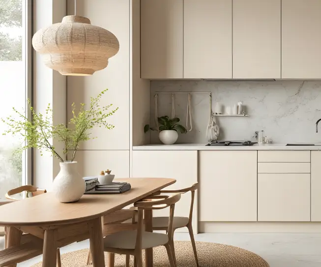 Minimalist kitchen with beige cabinets, wooden dining table, and large woven pendant light