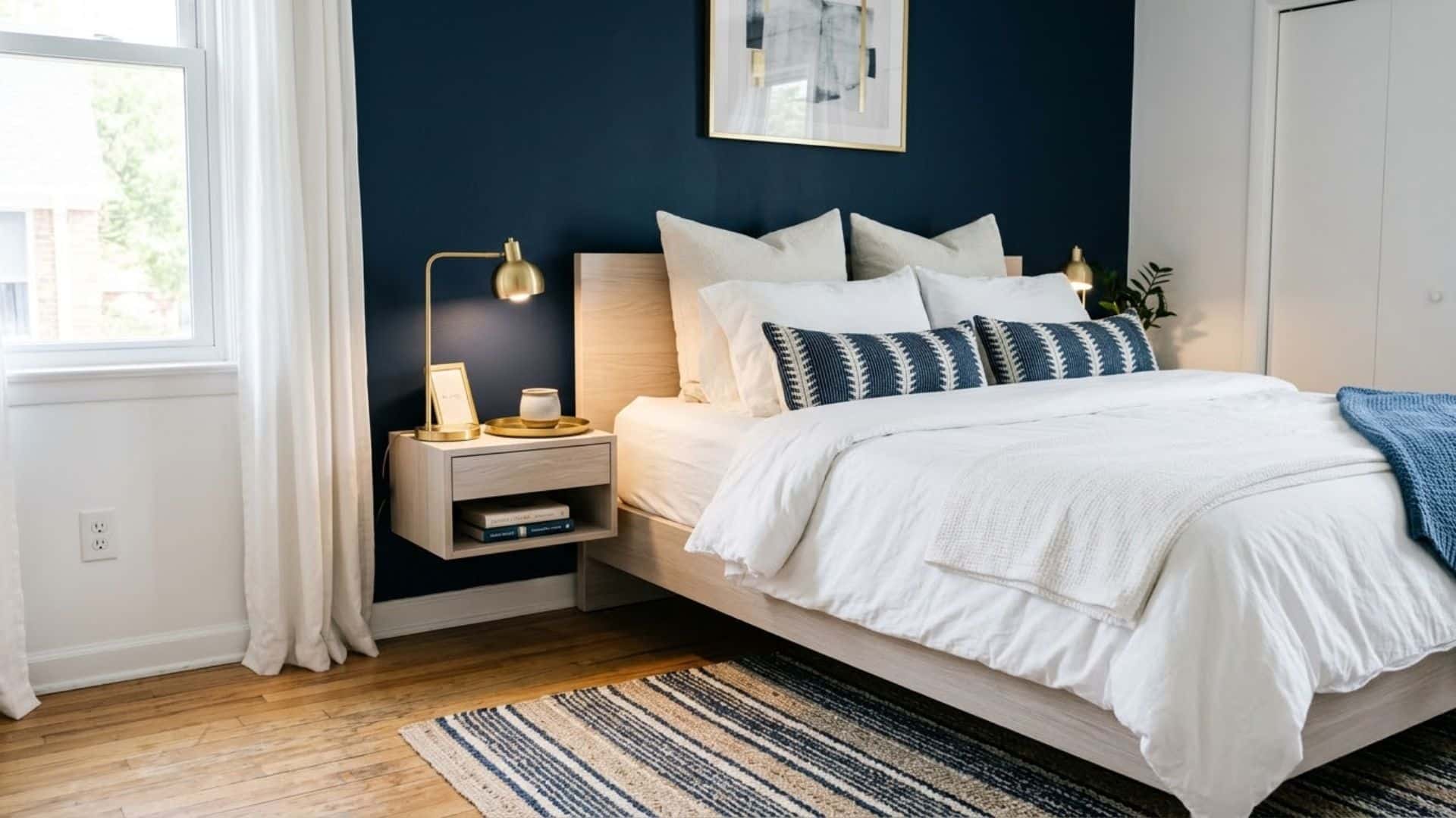 navy accent wall bedroom with white bedding light wood furniture modern elegant bedroom interior design