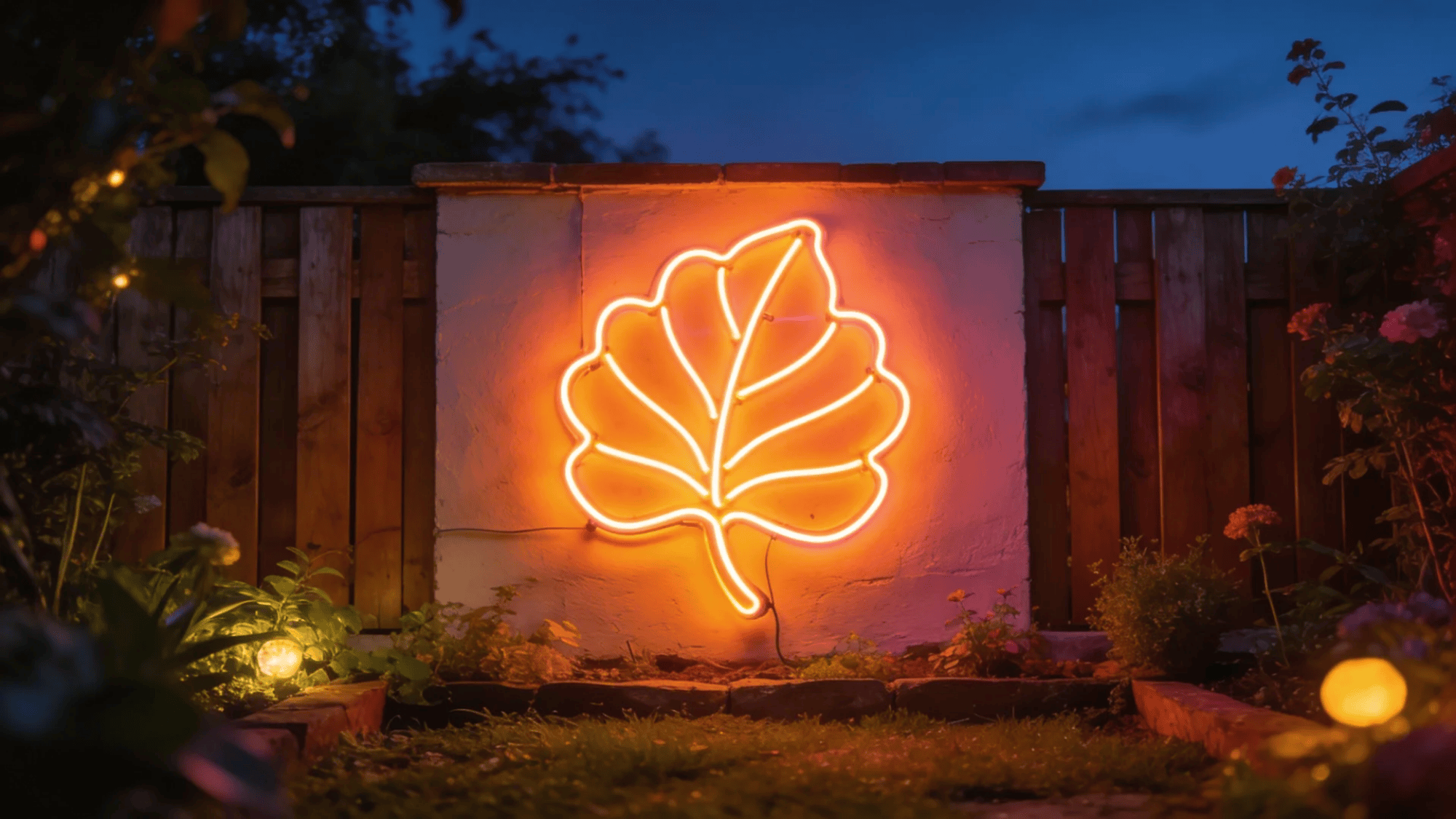 neon leaf light mounted on wall glowing brightly in garden at night setting