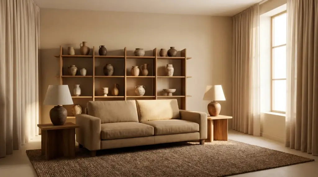 Room with beige walls, tan sofa, brown rug, wooden furniture, and beige curtains in a neutral analogous palette