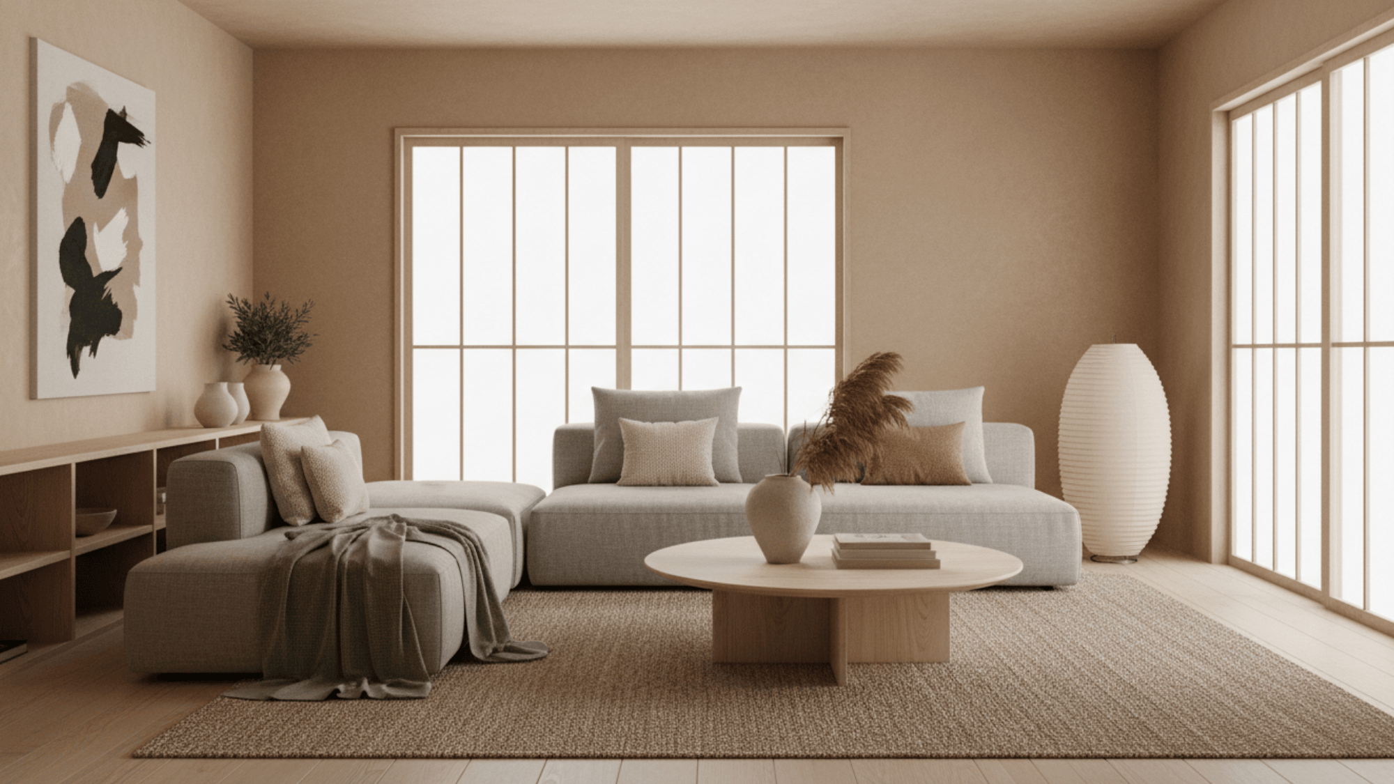 Neutral color Japandi living room with beige tones, soft sofa, wood table and calm simple decor
