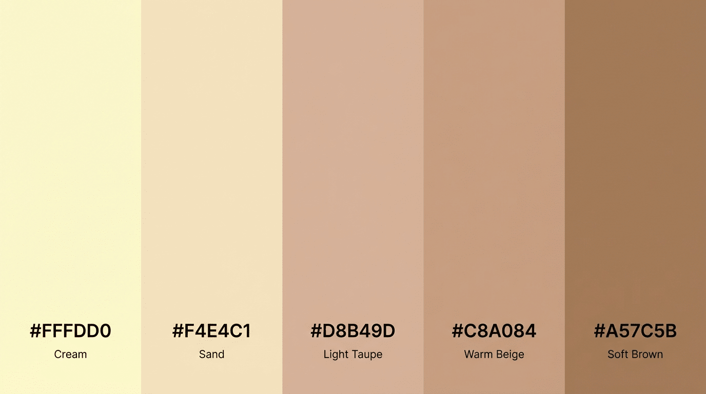 neutral color palette featuring cream sand taupe and brown shades with hex codes and descriptive names under each color block