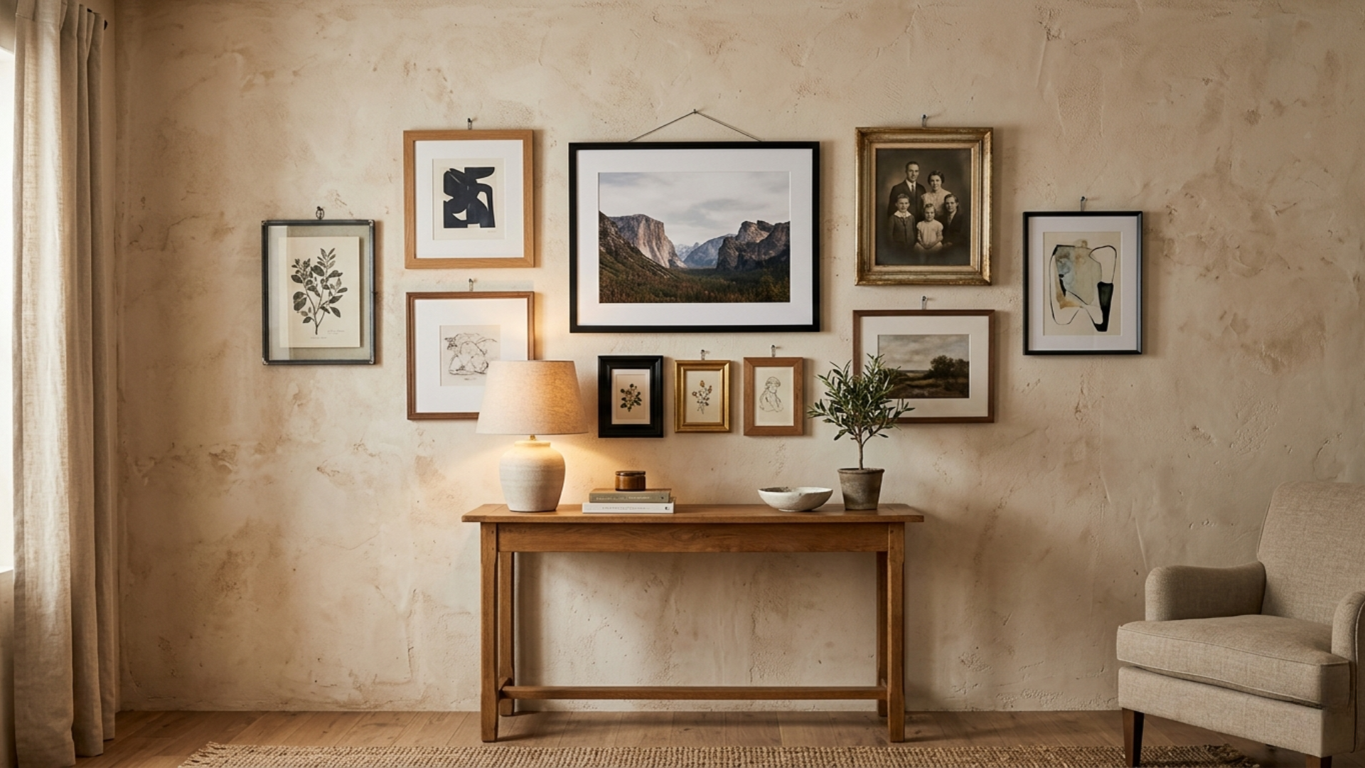 Neutral gallery wall with mixed frames displayed above a console table on plaster
