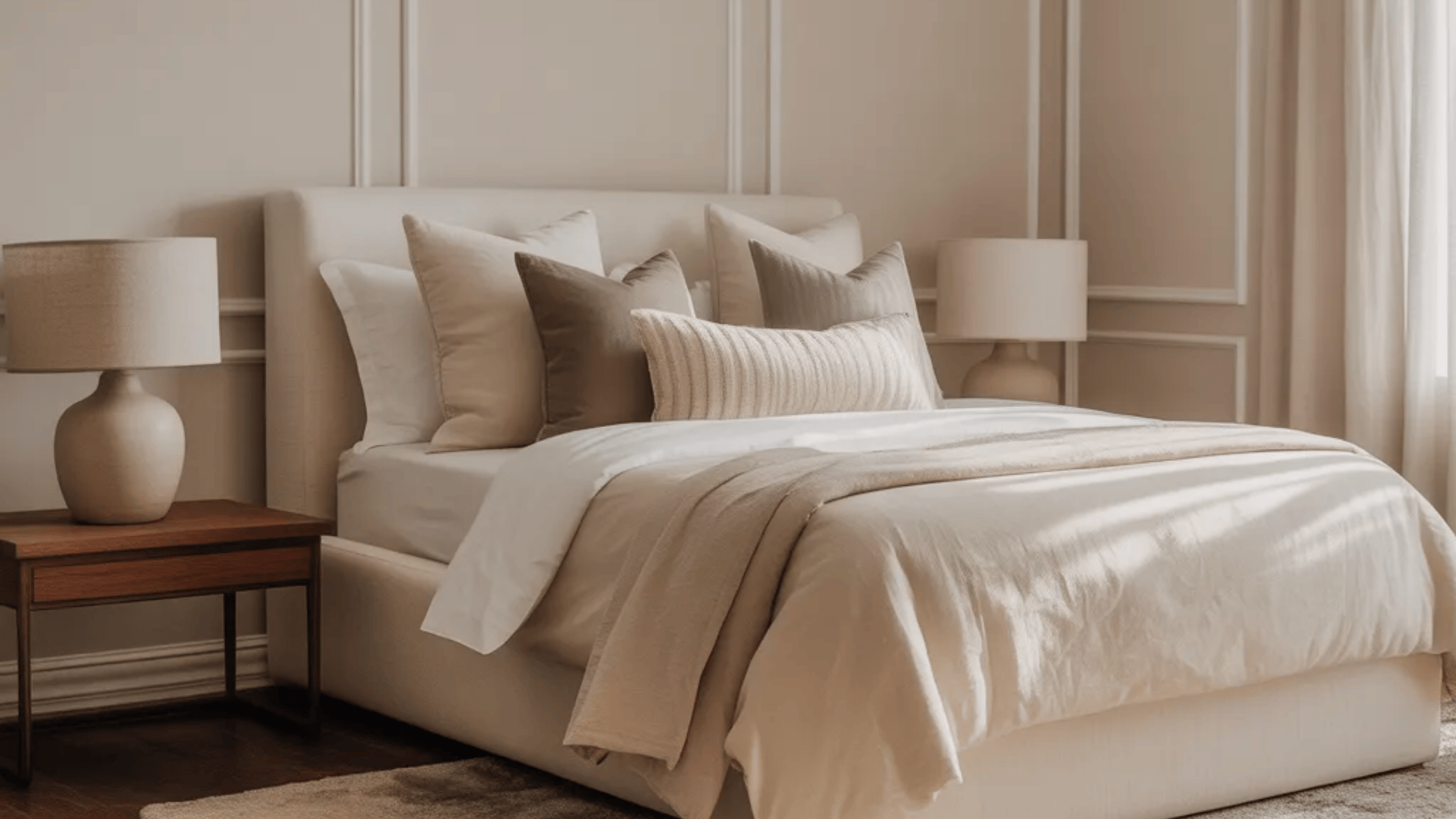 neutral modern bedroom with soft beige bedding upholstered bed bedside lamps and wall panels showing elegant minimalist spare bedroom ideas for guests