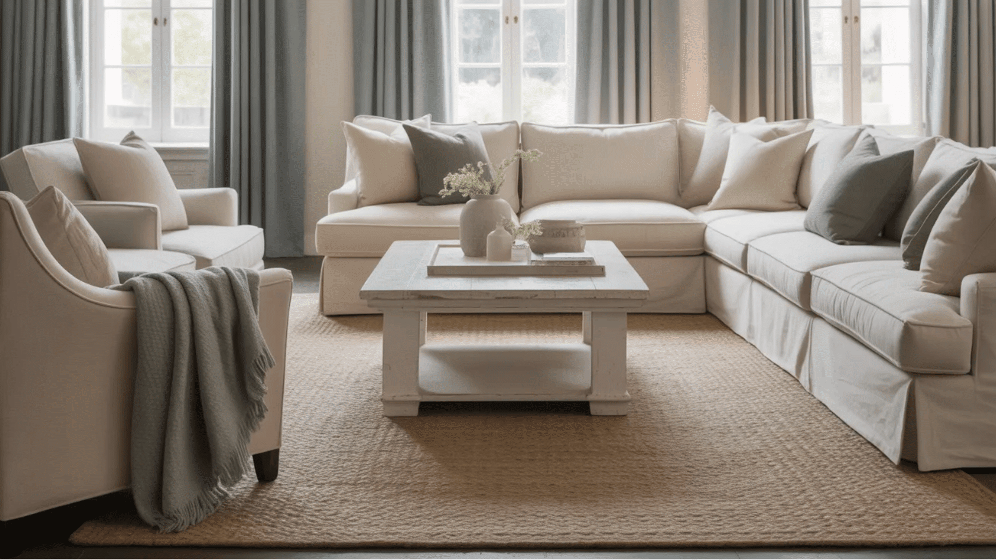 neutral sofa seating with coffee table and cushions creating a calm lounge area connected to a transitional dining room space