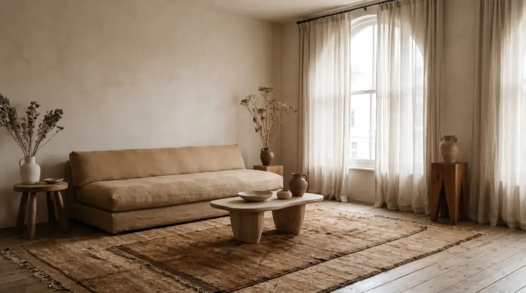 Beige and warm brown living room with neutral analogous color scheme across walls, furniture, and rugs.