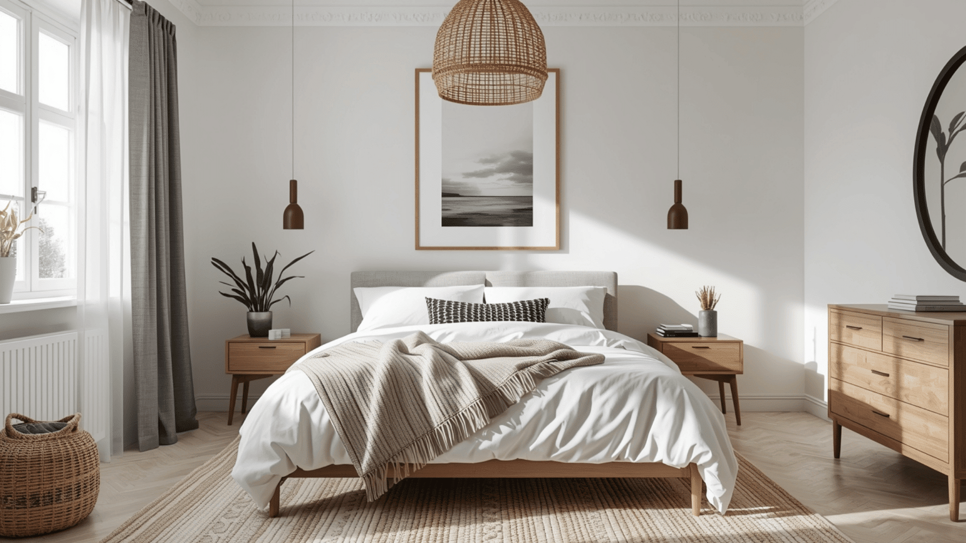 Neutral white bedroom with rattan bed, indoor plants, mirrors, wall art and soft lighting styled for mens room decor