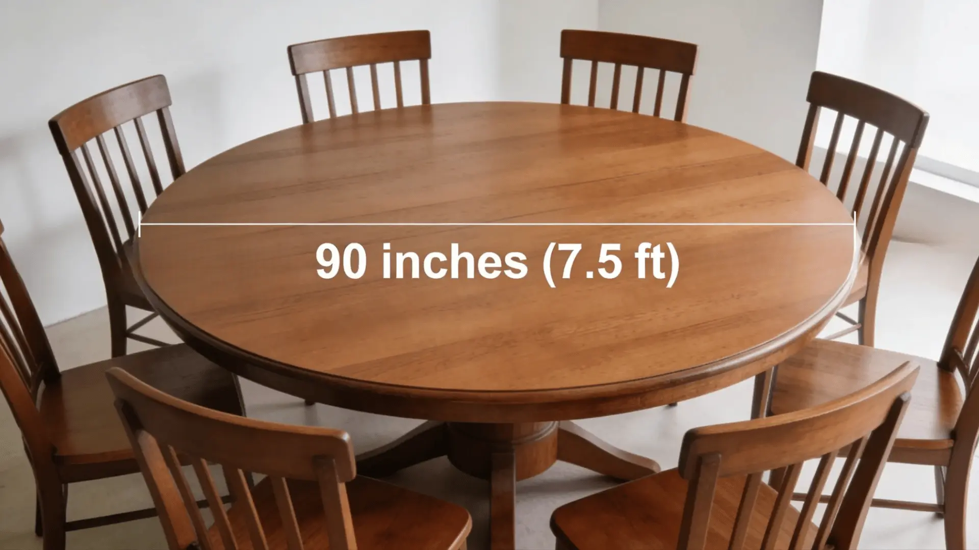 90 inch round wooden dining table with chairs showing 7.5 ft diameter measurement across the tabletop in a bright room