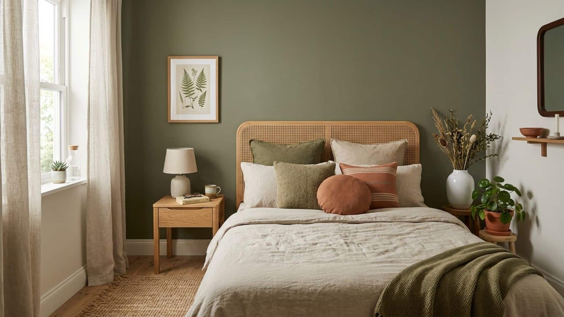 olive green accent wall bedroom with off white walls wooden bed linen bedding plants calm natural bedroom design
