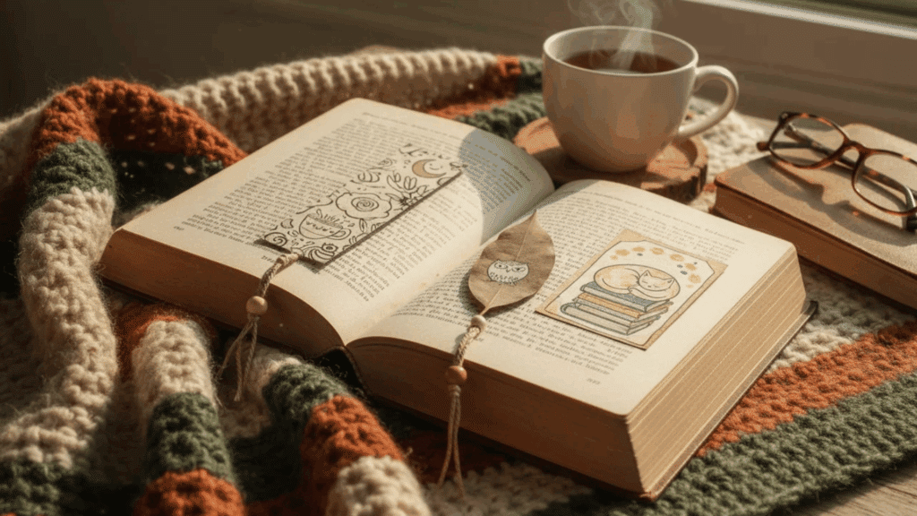open book with bookmarks and steaming tea cup on cozy knitted blanket