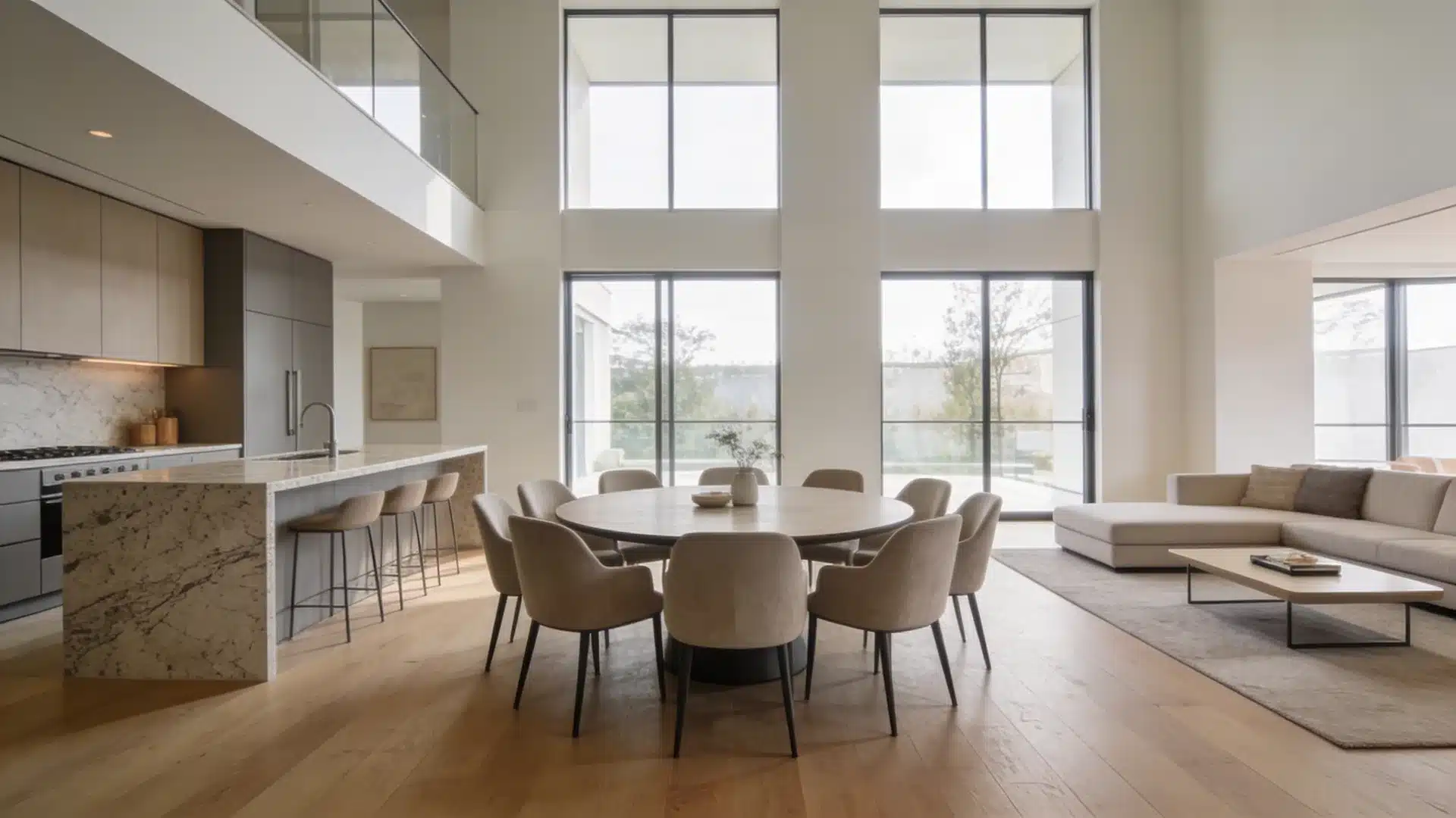 open concept dining space with round table between kitchen island and living area large windows and bright natural light