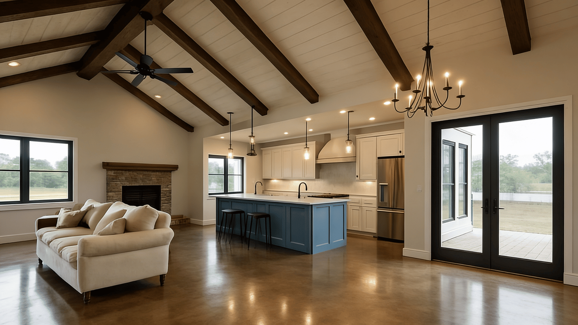 open farmhouse interior with stained concrete floors wood ceiling beams and modern farmhouse kitchen design