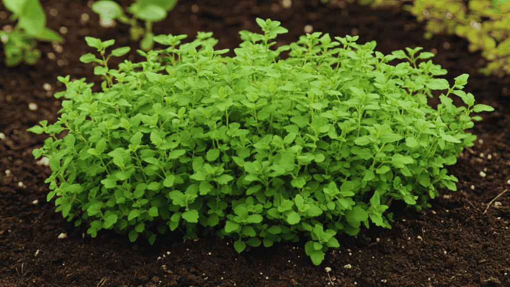 oregano plant growing in garden soil with small green leaves forming a dense herb bush