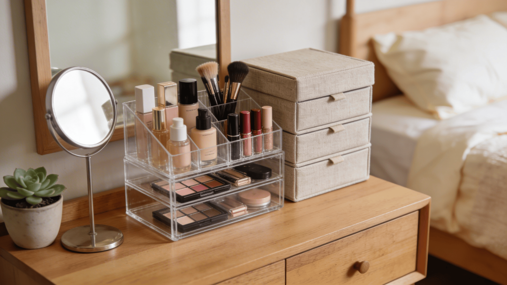 organize makeup in clear boxes and drawers to keep items neat clean and easy to find daily