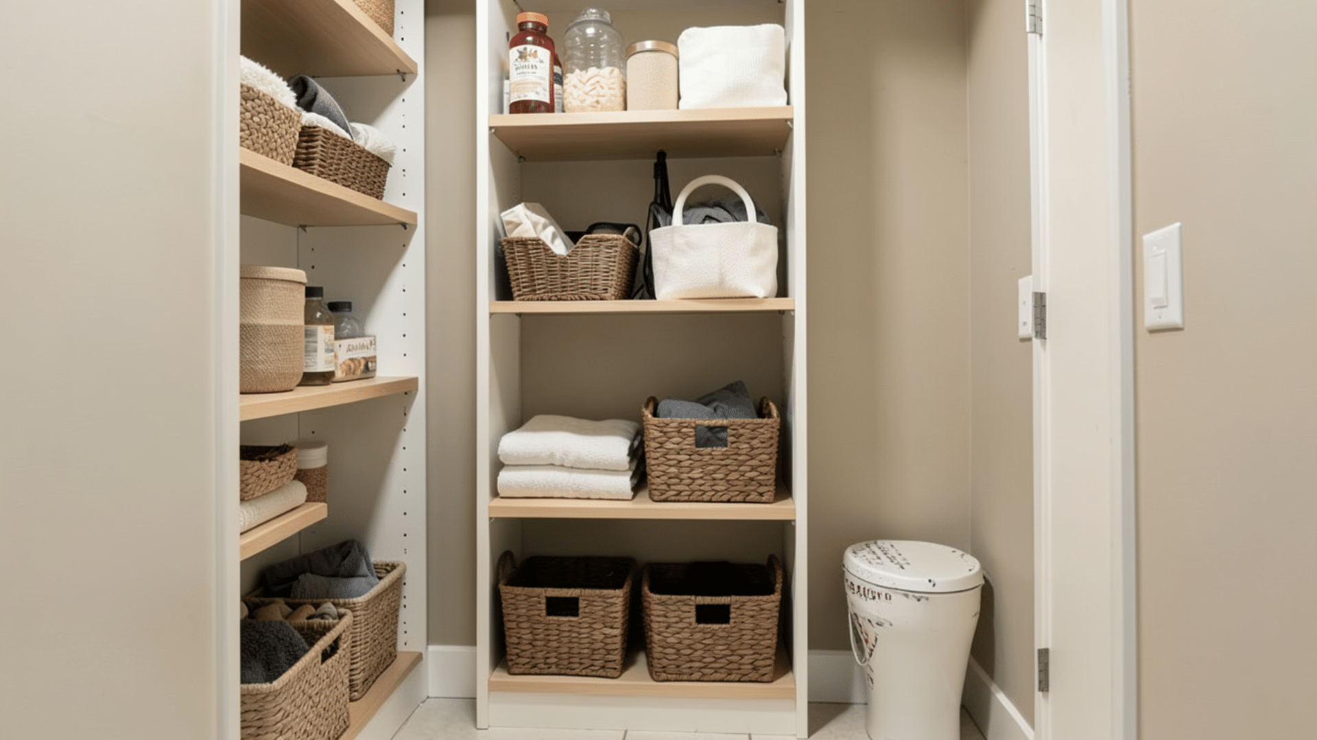 organized vertical shelves with baskets and storage containers
