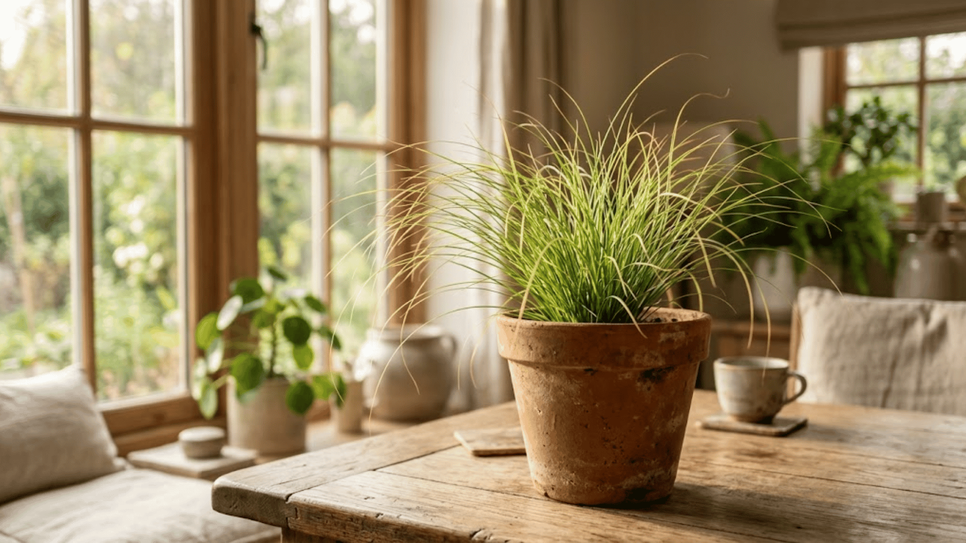 Ornamental grass in terracotta pot indoors, styled like low maintenance outdoor plants