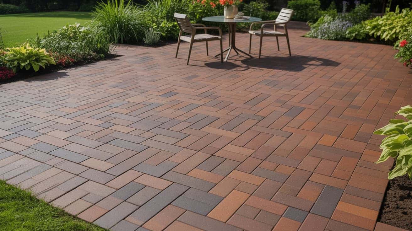 outdoor patio ideas with brick paver patio and small table with chairs surrounded by garden plants inspiring patio decor ideas