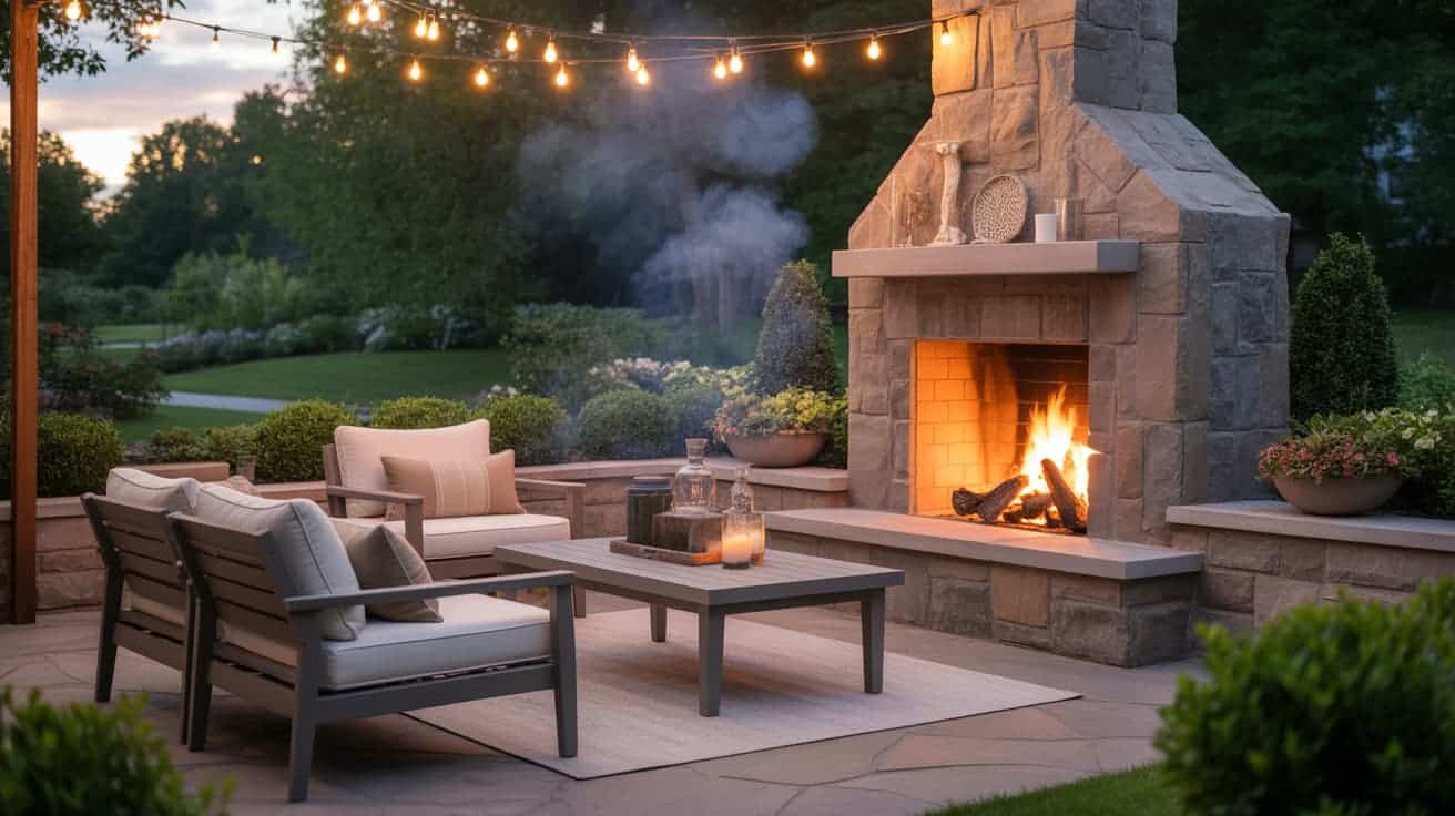 outdoor patio ideas with cozy seating and stone fireplace on stylish backyard patio with warm lights and patio decor ideas