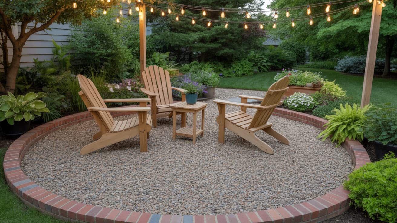 outdoor patio ideas with gravel patio seating area featuring wooden adirondack chairs string lights and garden plants creating cozy patio decor ideas