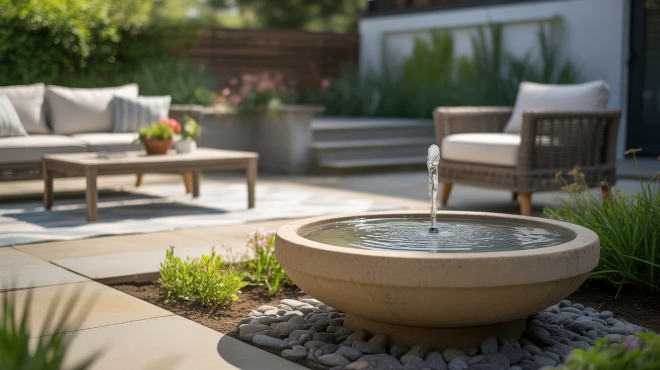 outdoor patio ideas with modern backyard seating and small water fountain surrounded by plants and stylish patio decor ideas