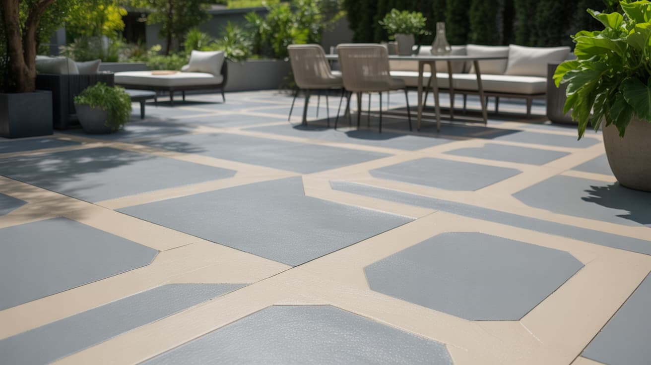 outdoor patio ideas with modern geometric patio flooring and outdoor dining set surrounded by greenery creating stylish patio decor ideas
