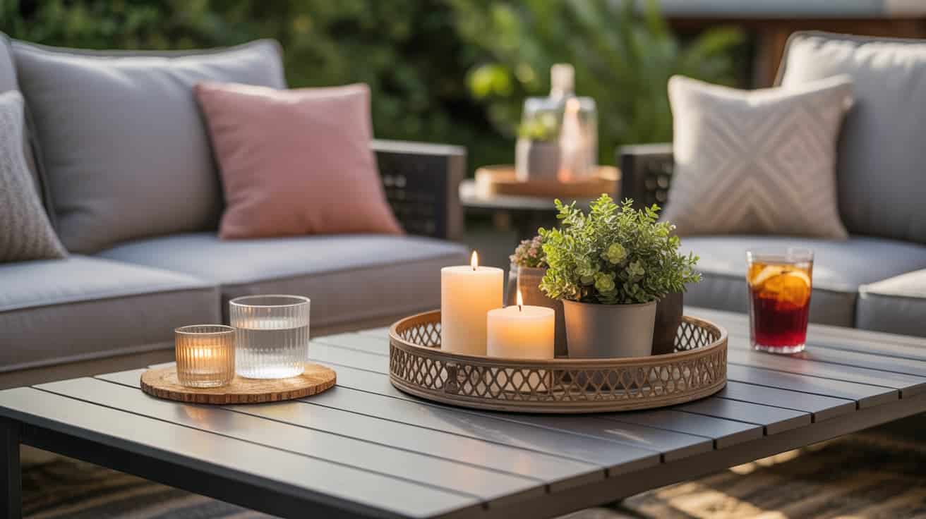 outdoor patio ideas with modern outdoor sofa and chairs around coffee table with candles drinks and plant centerpiece in garden patio seating area