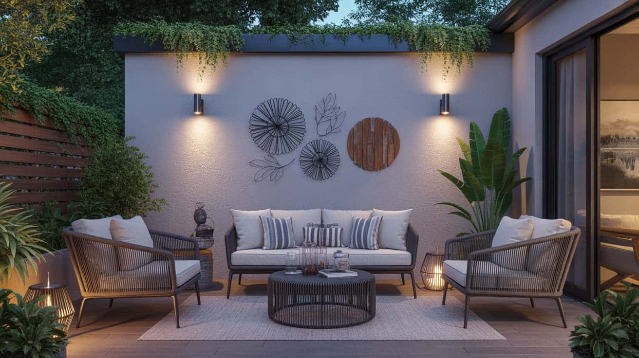 outdoor patio ideas with modern sofa and chairs around round coffee table against decorative wall with plants and soft evening lighting
