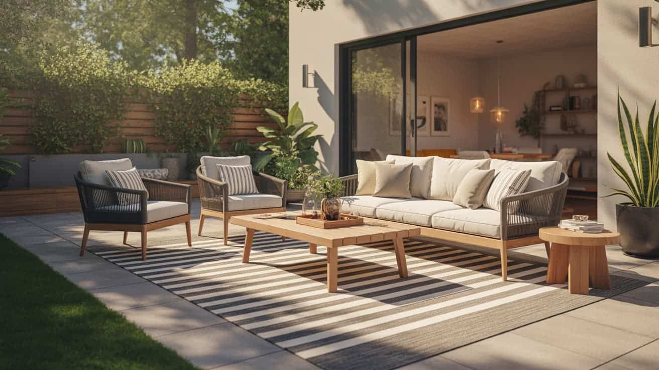 outdoor patio ideas with modern sofa chairs wooden table striped rug and plants on sunny backyard patio beside glass doors