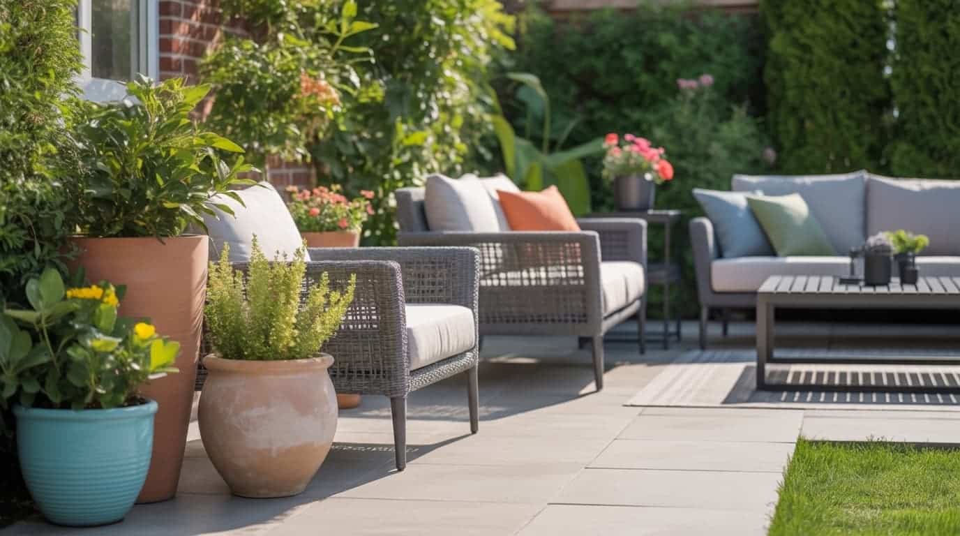 outdoor patio ideas with modern wicker chairs and sofa around low table on sunny garden patio with potted plants and greenery