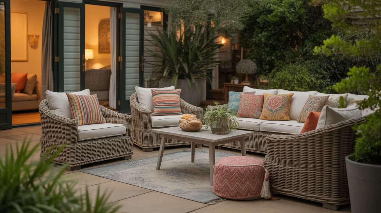 outdoor patio ideas with wicker sofa chairs colorful pillows around coffee table on cozy garden patio beside open doors