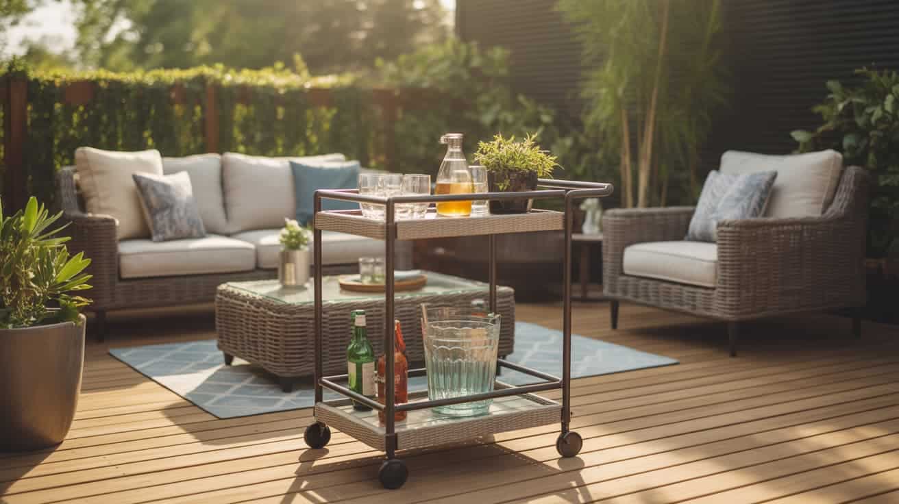 outdoor patio ideas with wicker sofa seating and rolling bar cart on wooden deck surrounded by plants and cozy patio decor ideas